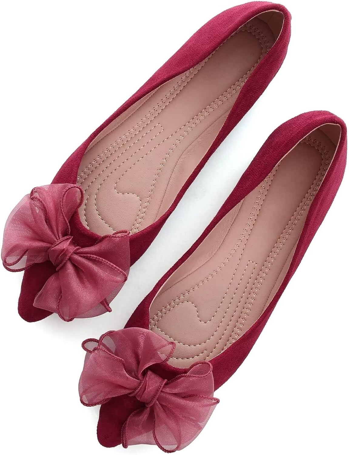 Women's Suede Bow Ballet Flats - Pointed Toe Slip On Moccasin Style Shoes for Work and Casual Wear - 9