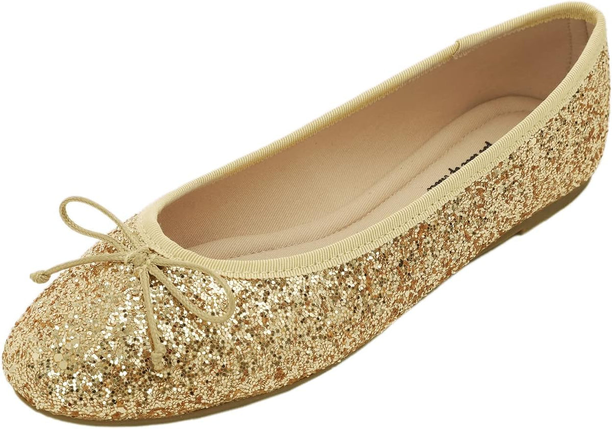 Women's Patent Ballet Flats - Memory Foam Cushioned Slip On Dress Shoes in Glitter and Solid Finishes - Glitter Rose Gol