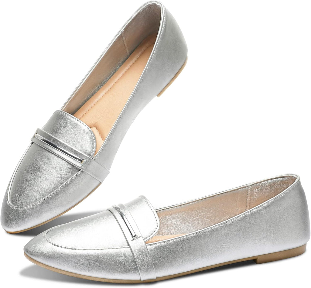 Women's Pointed Toe Penny Loafers - Faux Suede Flat Slip On Work Shoes for Office and Business Casual - 8