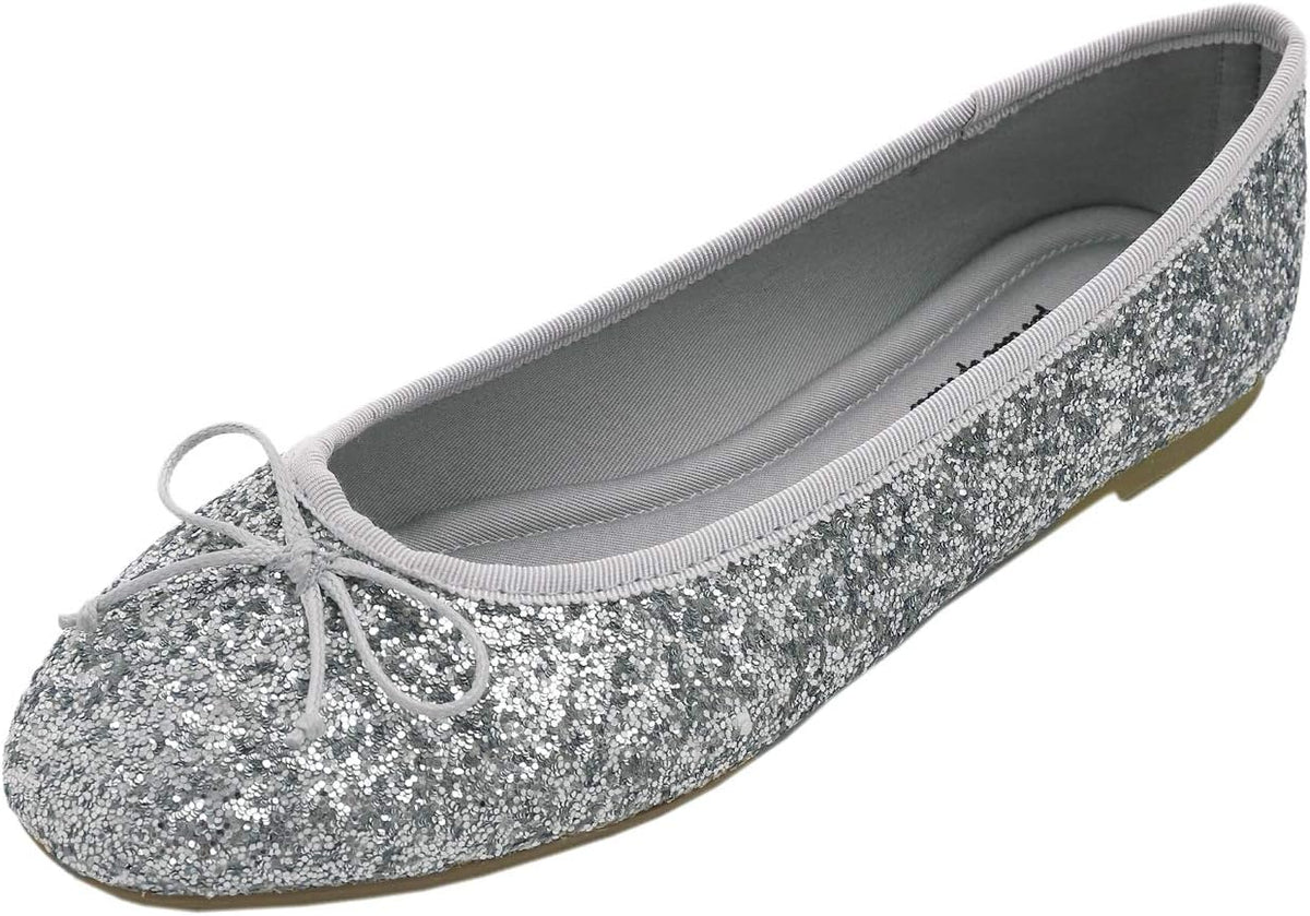Women's Patent Ballet Flats - Memory Foam Cushioned Slip On Dress Shoes in Glitter and Solid Finishes - Glitter Night Bl