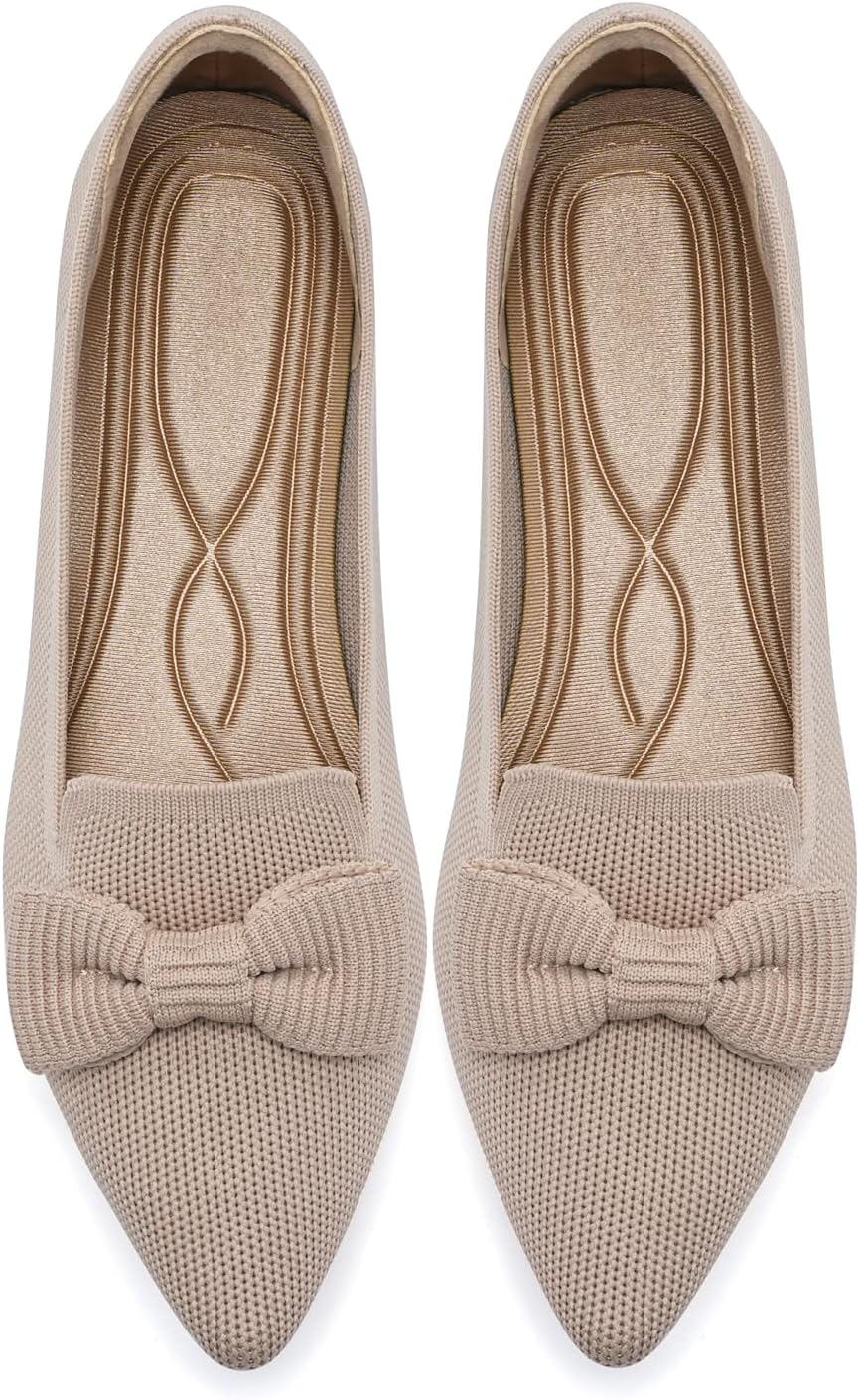 Women's Pointed Toe Knit Ballet Flats with Bow - Breathable Slip On Dress Shoes for Business and Office - 7
