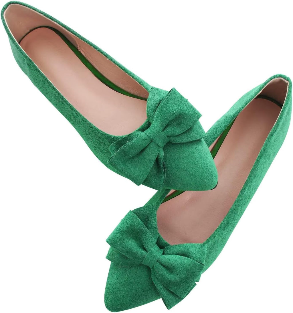 Women's Suede Bow Ballet Flats - Pointed Toe Slip On Moccasin Style Shoes for Work and Casual Wear - 9