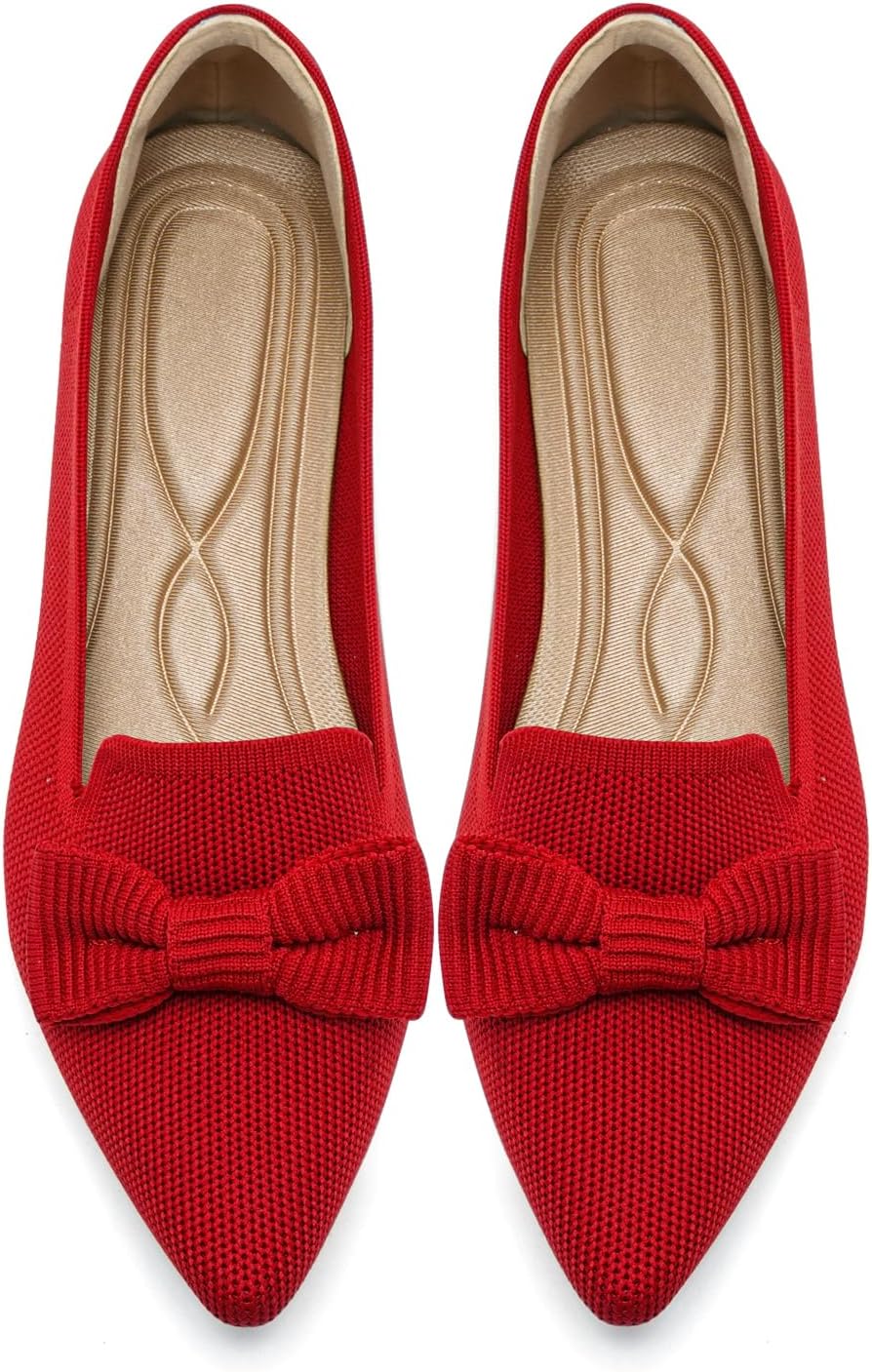 Women's Pointed Toe Knit Ballet Flats with Bow - Breathable Slip On Dress Shoes for Business and Office - 7