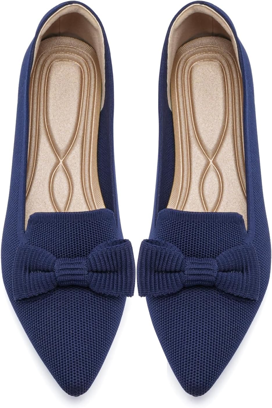 Women's Pointed Toe Knit Ballet Flats with Bow - Breathable Slip On Dress Shoes for Business and Office - 7