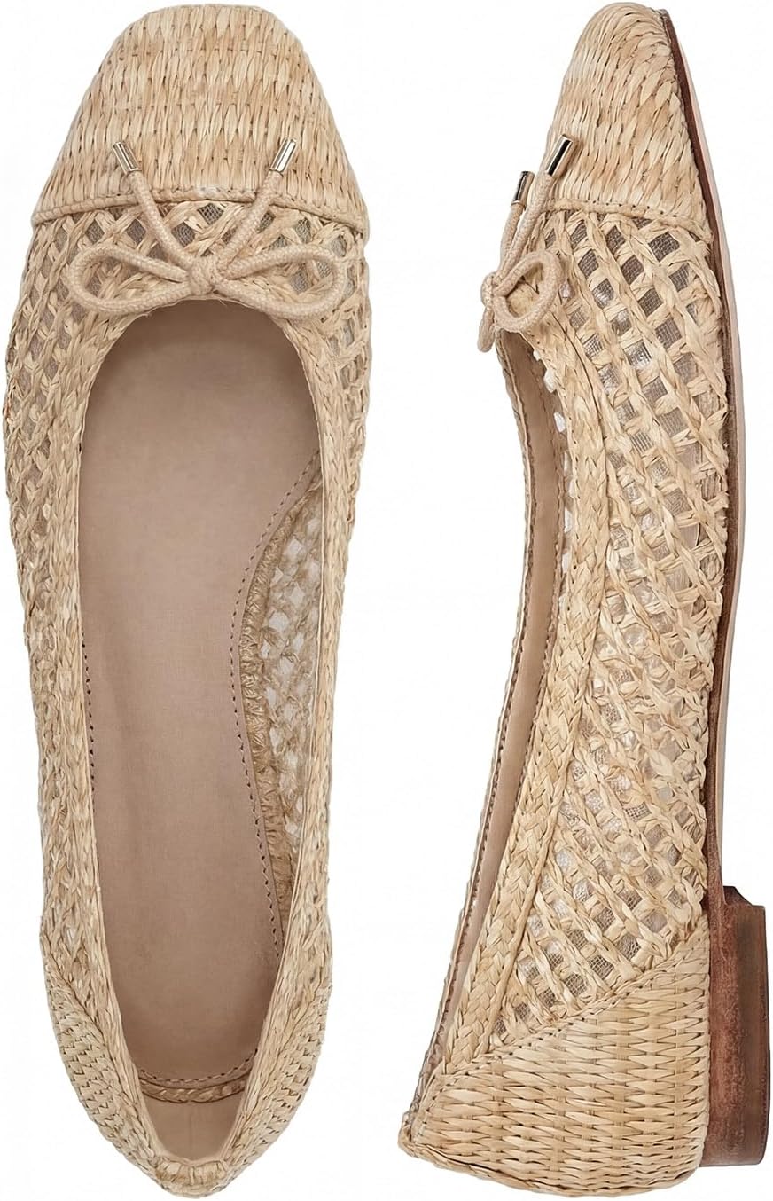 Women's Woven Raffia Ballet Flats - Square Toe Slip On Dress Shoes with Bow for Summer and Holiday Wear - 6