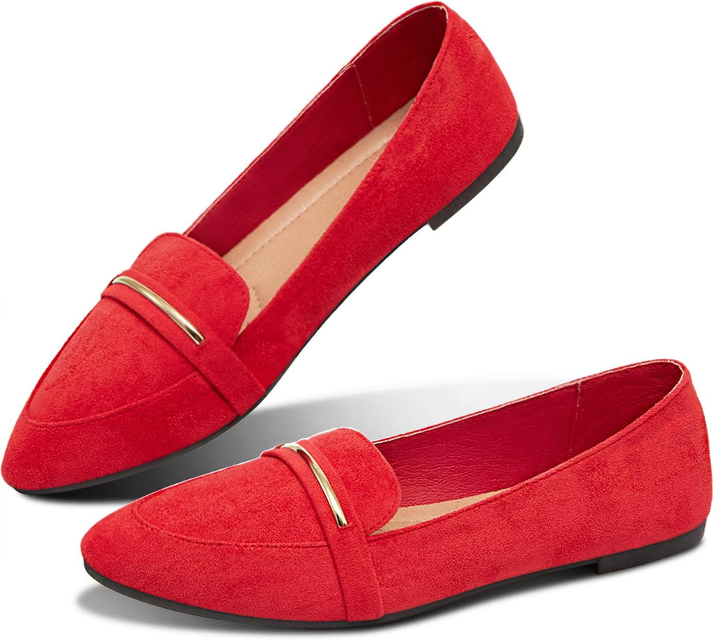 Women's Pointed Toe Penny Loafers - Faux Suede Flat Slip On Work Shoes for Office and Business Casual - 7