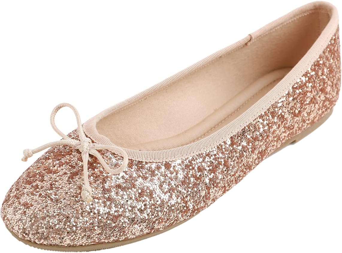 Women's Patent Ballet Flats - Memory Foam Cushioned Slip On Dress Shoes in Glitter and Solid Finishes - Glitter Multi Wh