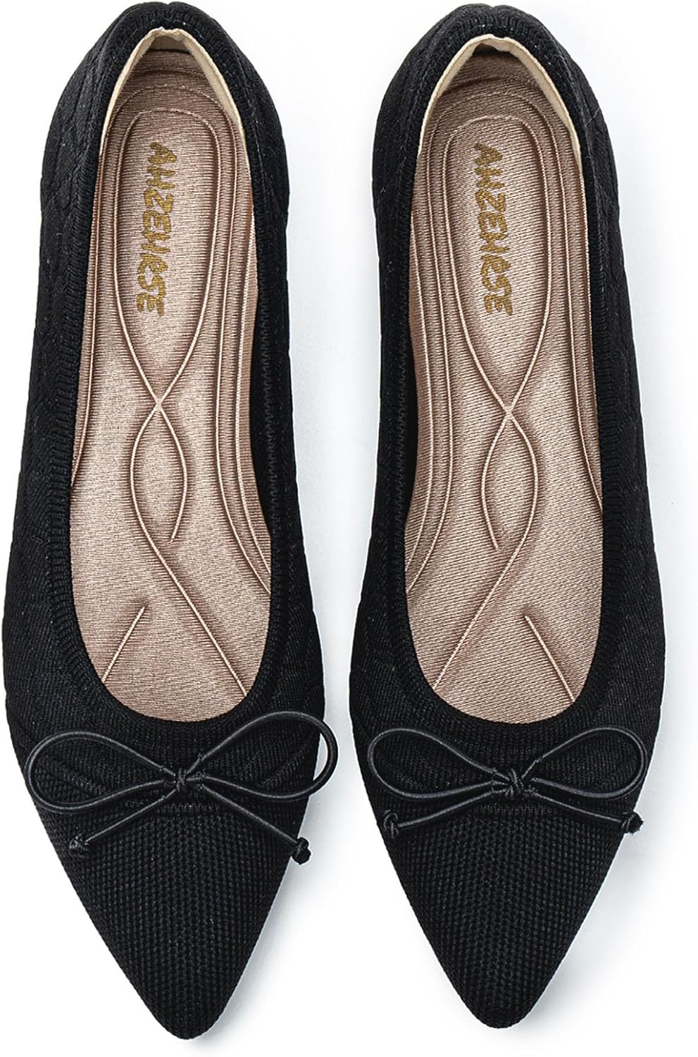 Women's Classic Pointed Toe Ballet Flats - Knit Dressy Bow Slip On Shoes for Office and Everyday Wear - 7 (5)