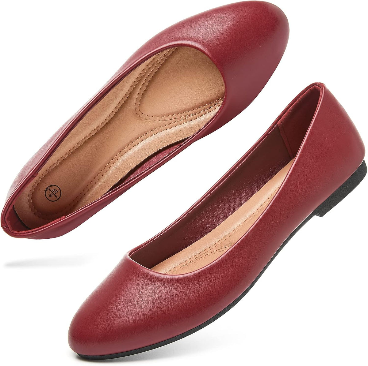 Women's Faux Leather Ballet Flats - Slip On Round Toe Dress Shoes for Office Days and Weekend Errands - 6