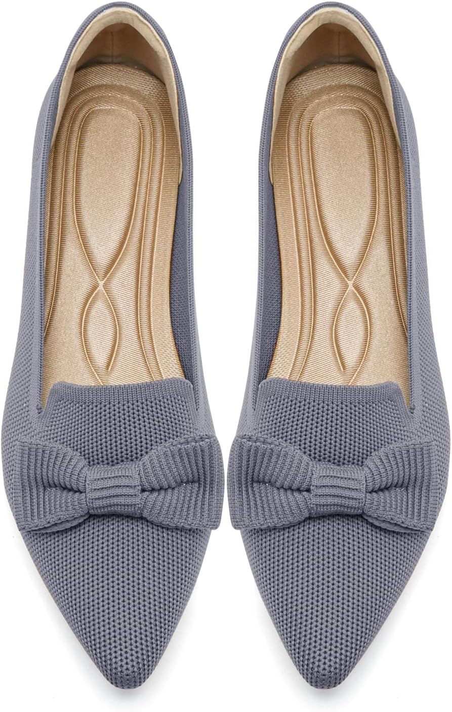 Women's Pointed Toe Knit Ballet Flats with Bow - Breathable Slip On Dress Shoes for Business and Office - 7