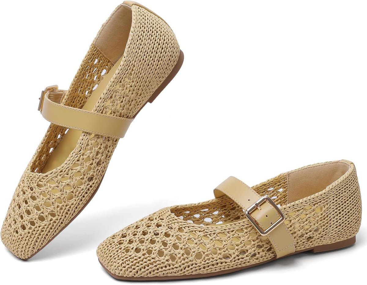 Women's Square Toe Knit Mary Jane Flats - Foldable Slip On Shoes with Adjustable Strap for Office Days - 6