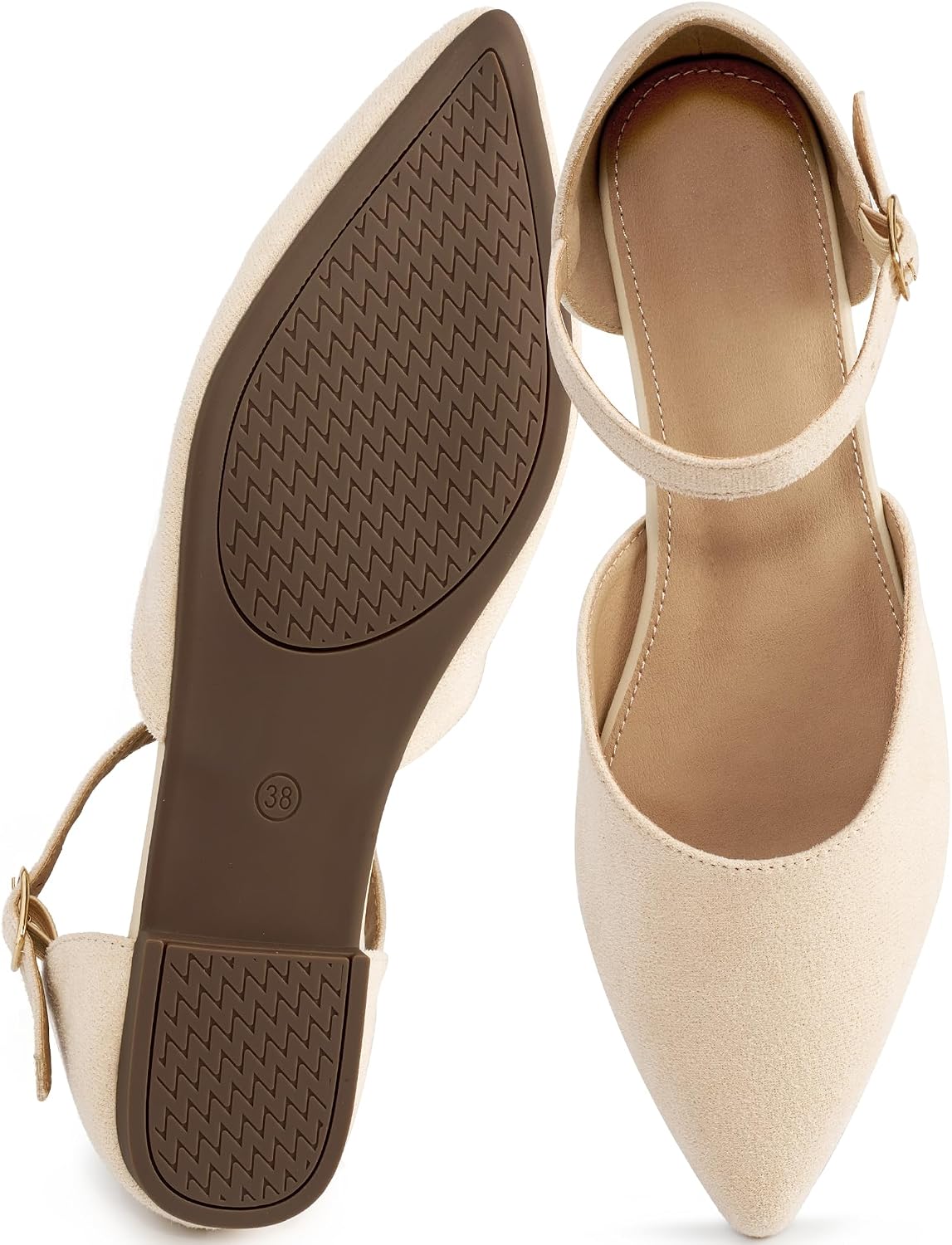 Women's Pointed Toe Ballet Flats with Adjustable Ankle Straps - Cushioned Slip On Shoes for Business Casual - 7