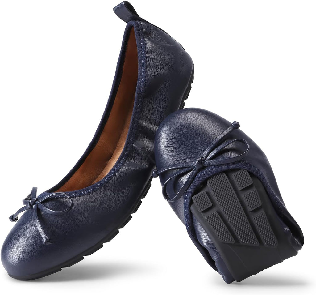 Women's Foldable Bowknot Ballet Flats - Lightweight Round Toe Slip On Dress Shoes for Travel and Long Days - 9