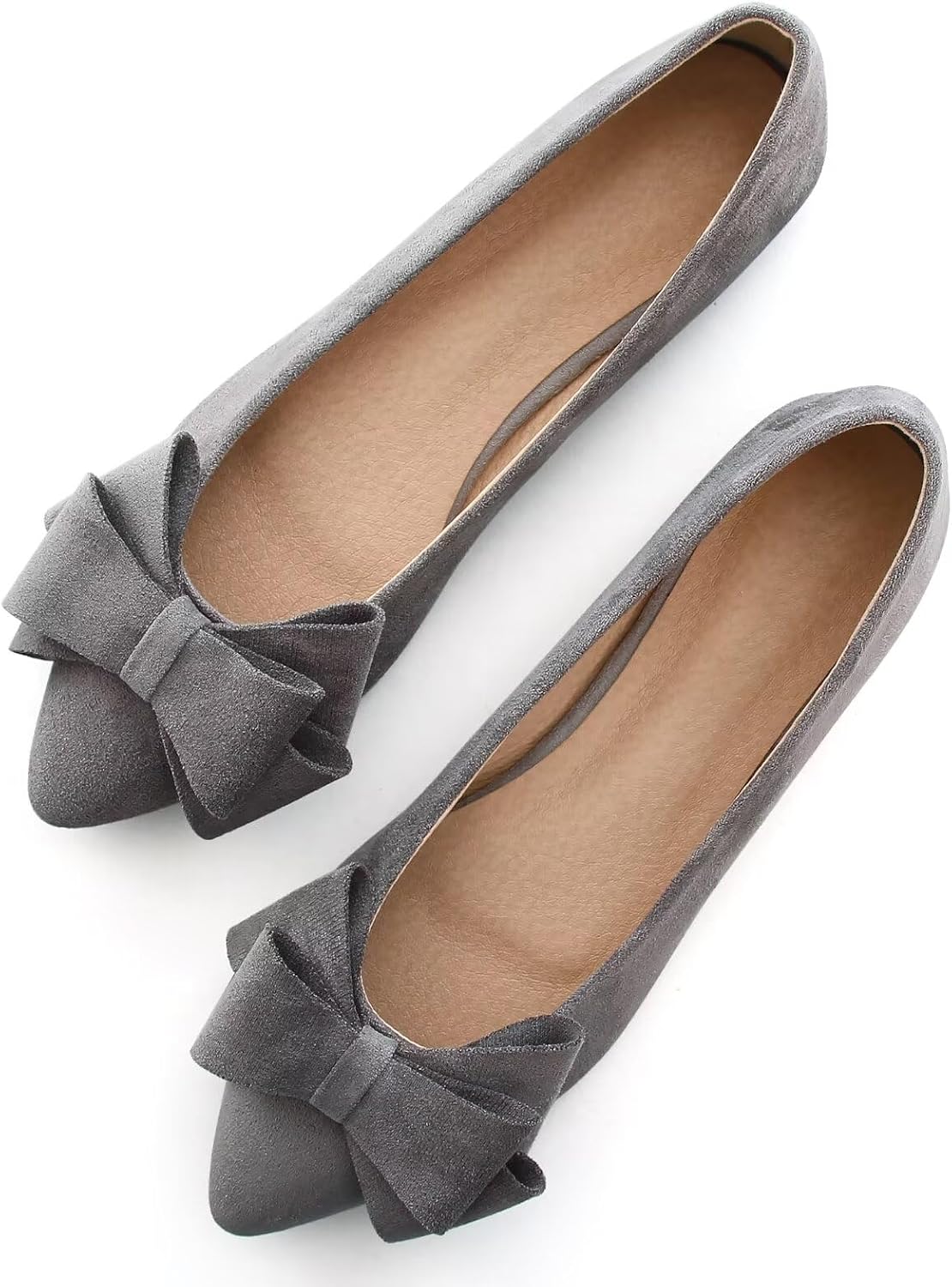 Women's Suede Bow Ballet Flats - Pointed Toe Slip On Moccasin Style Shoes for Work and Casual Wear - 7