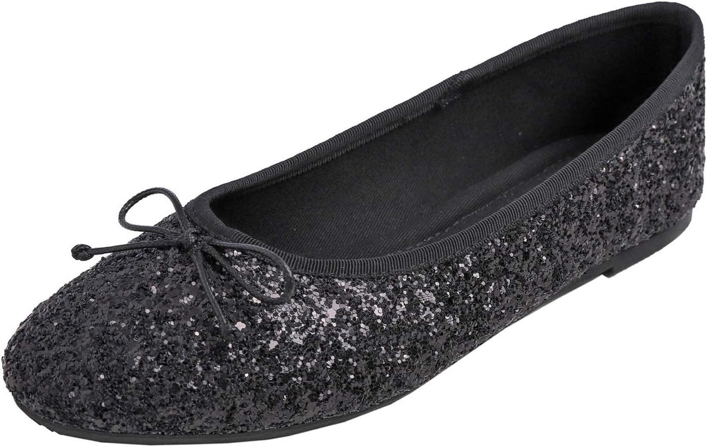 Women's Patent Ballet Flats - Memory Foam Cushioned Slip On Dress Shoes in Glitter and Solid Finishes - Black