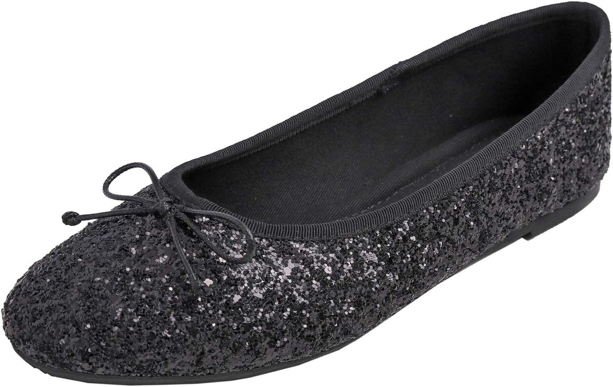 Women's Patent Ballet Flats - Memory Foam Cushioned Slip On Dress Shoes in Glitter and Solid Finishes - Black