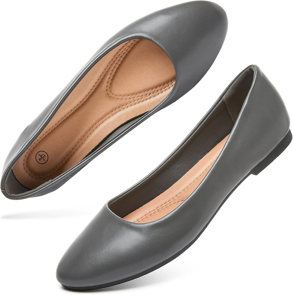 Women's Faux Leather Ballet Flats - Slip On Round Toe Dress Shoes for Office Days and Weekend Errands - 7