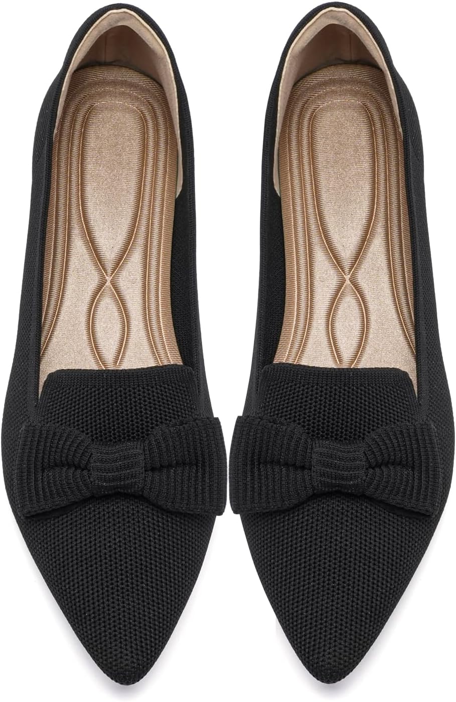 Women's Pointed Toe Knit Ballet Flats with Bow - Breathable Slip On Dress Shoes for Business and Office - 7
