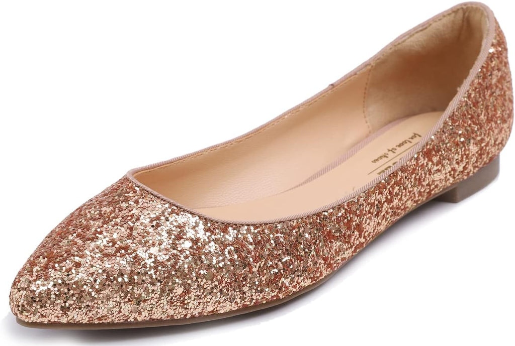 Women's Patent Ballet Flats - Memory Foam Cushioned Slip On Dress Shoes in Glitter and Solid Finishes - Glitter Multi Wh