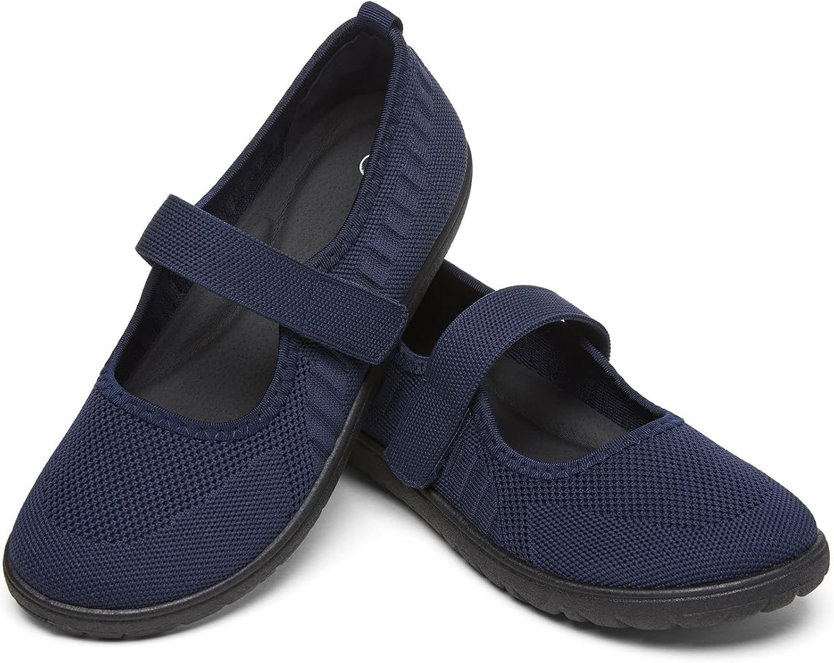 Women's Wide Toe Box Mary Jane Flats - Knit Wide Width Shoes with Velcro Ankle Strap and Zero Drop Sole - 7