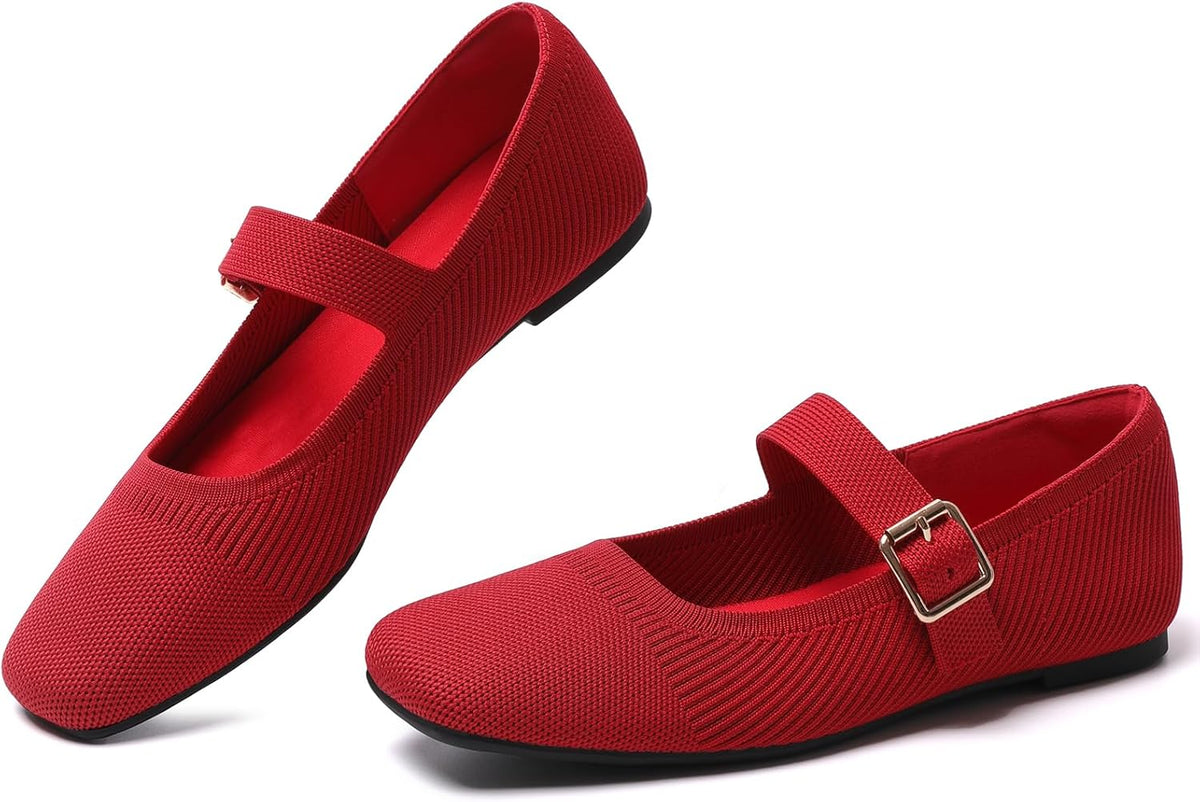 Women's Square Toe Knit Mary Jane Flats - Foldable Slip On Shoes with Adjustable Strap for Office Days - 6