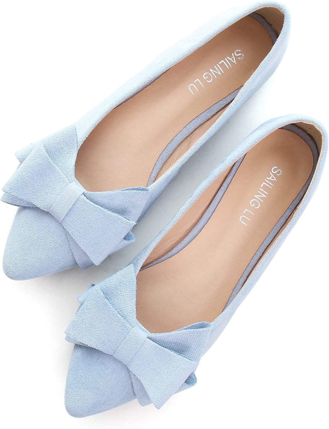 Women's Suede Bow Ballet Flats - Pointed Toe Slip On Moccasin Style Shoes for Work and Casual Wear - 8