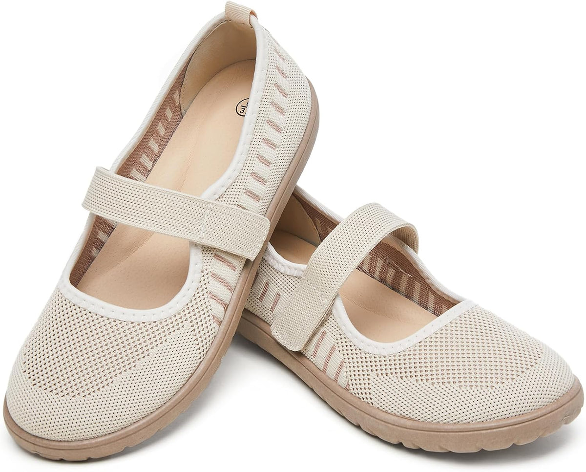 Women's Wide Toe Box Mary Jane Flats - Knit Wide Width Shoes with Velcro Ankle Strap and Zero Drop Sole - 6