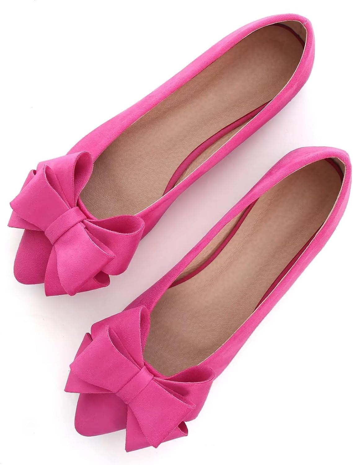 Women's Suede Bow Ballet Flats - Pointed Toe Slip On Moccasin Style Shoes for Work and Casual Wear - 6