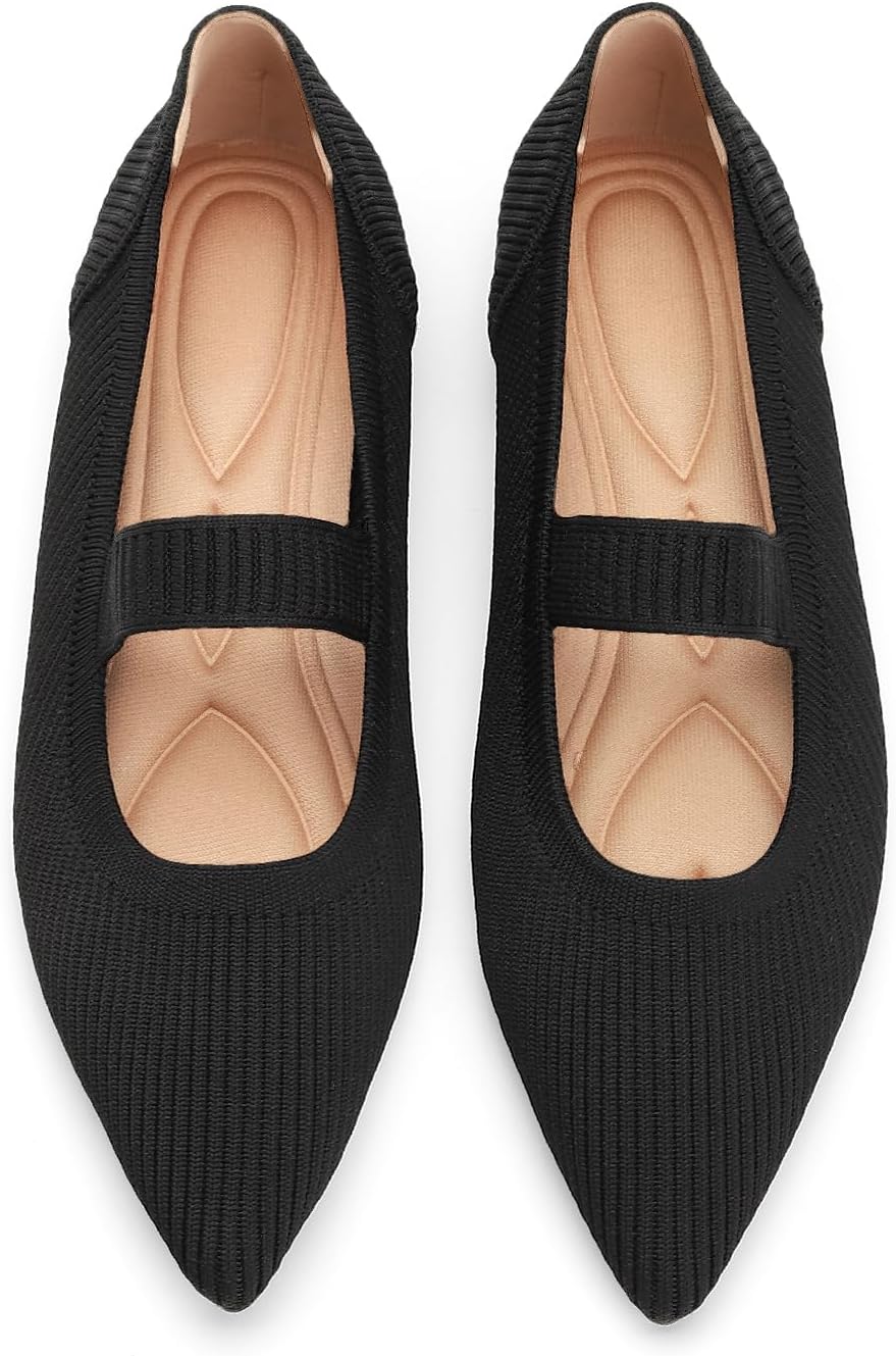Women's Pointed Toe Knit Ballet Flats - Foldable Slip On Office Shoes with Built In Arch Support - 7