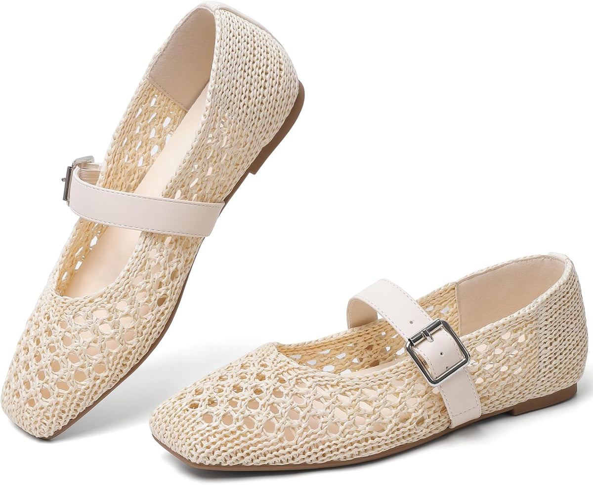 Women's Square Toe Knit Mary Jane Flats - Foldable Slip On Shoes with Adjustable Strap for Office Days - 6