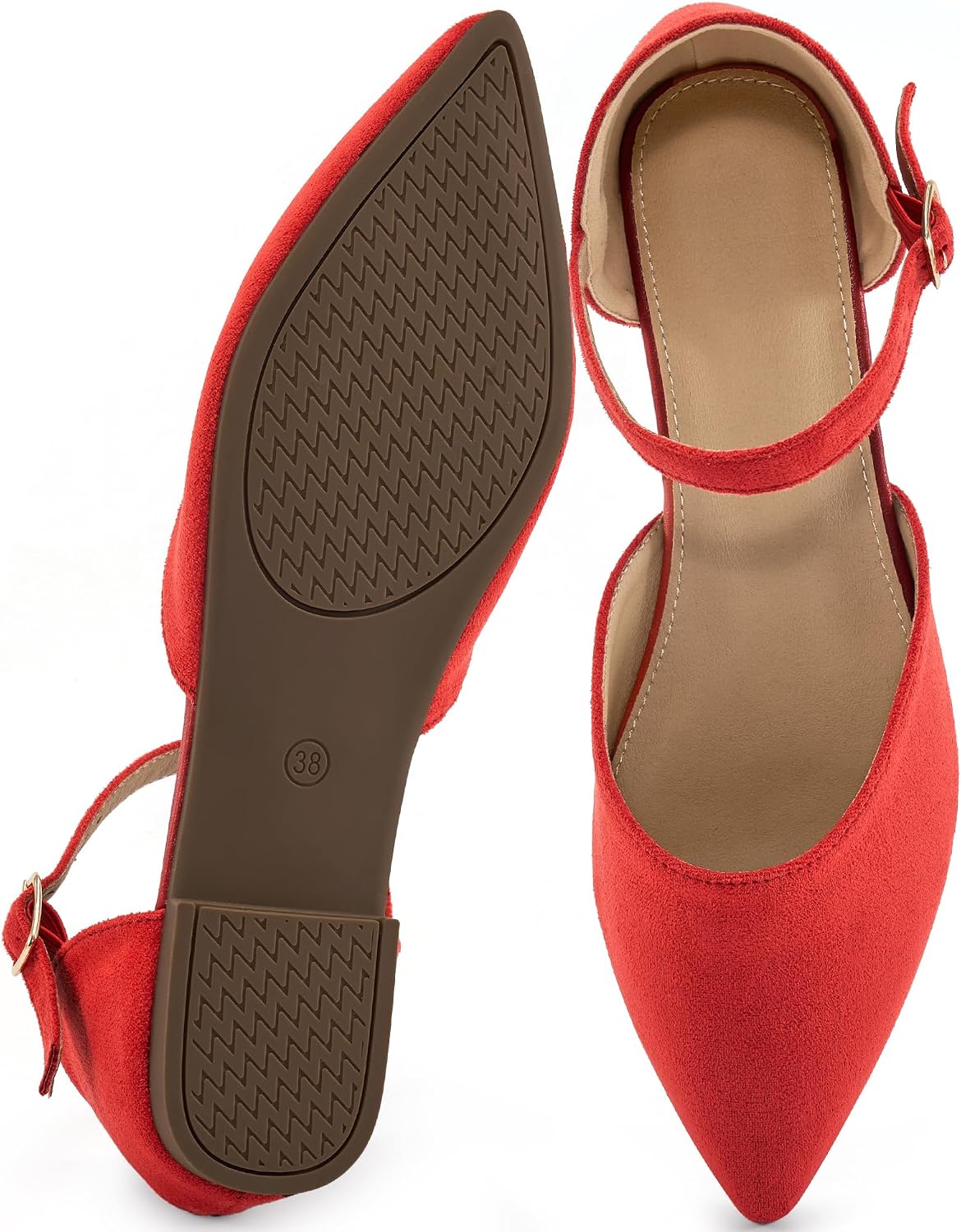 Women's Pointed Toe Ballet Flats with Adjustable Ankle Straps - Cushioned Slip On Shoes for Business Casual - 6