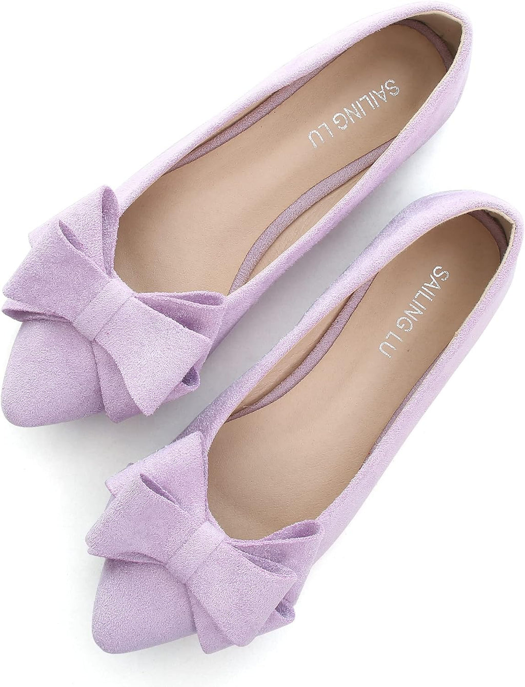 Women's Suede Bow Ballet Flats - Pointed Toe Slip On Moccasin Style Shoes for Work and Casual Wear - 6