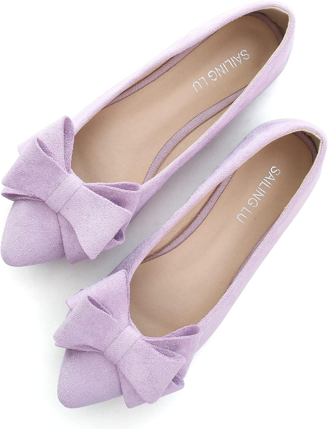 Women's Suede Bow Ballet Flats - Pointed Toe Slip On Moccasin Style Shoes for Work and Casual Wear - 6