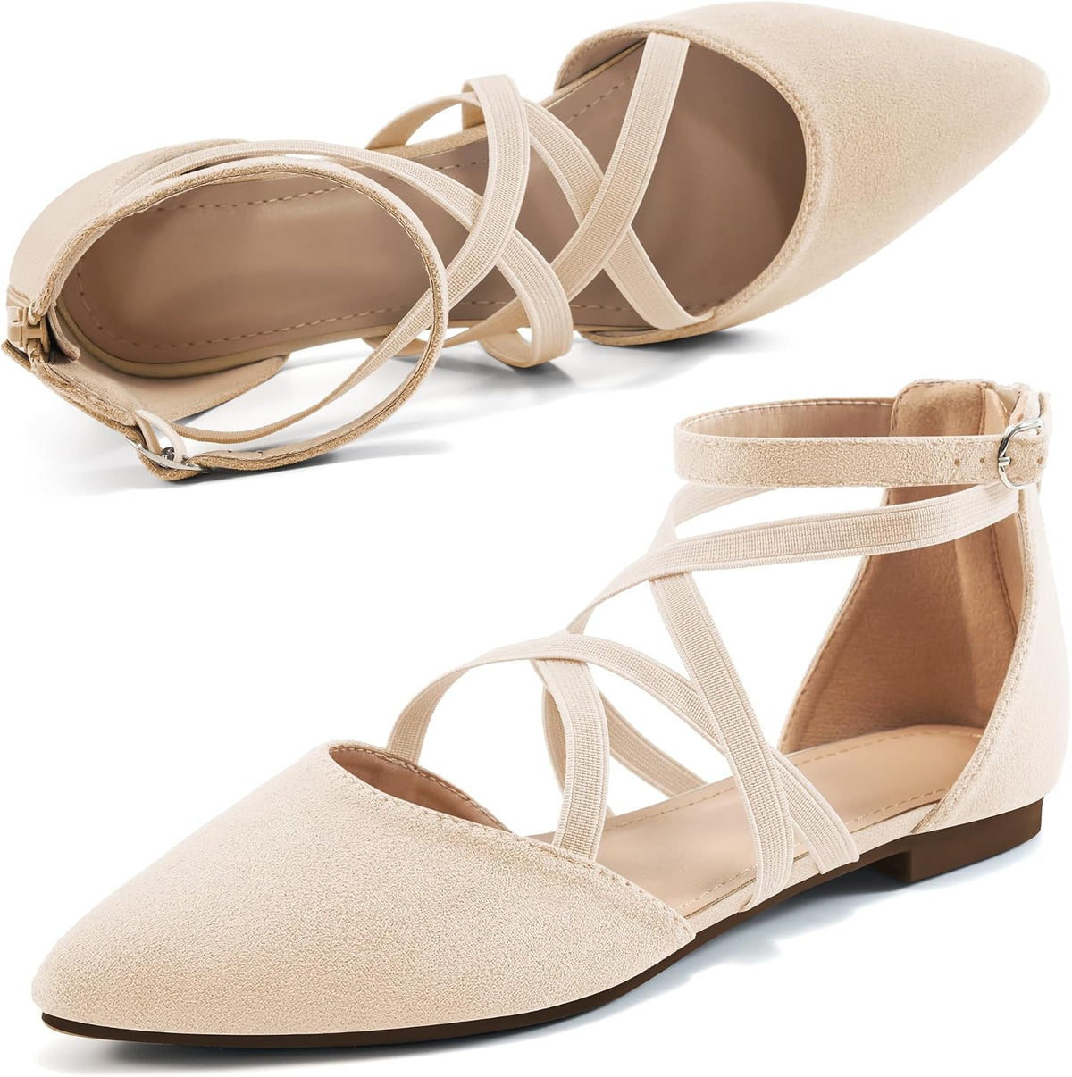 Women's Ballet Flats with Zipper Detail - Dressy Suede and Faux Leather Work Shoes for Weddings and Walking - 8
