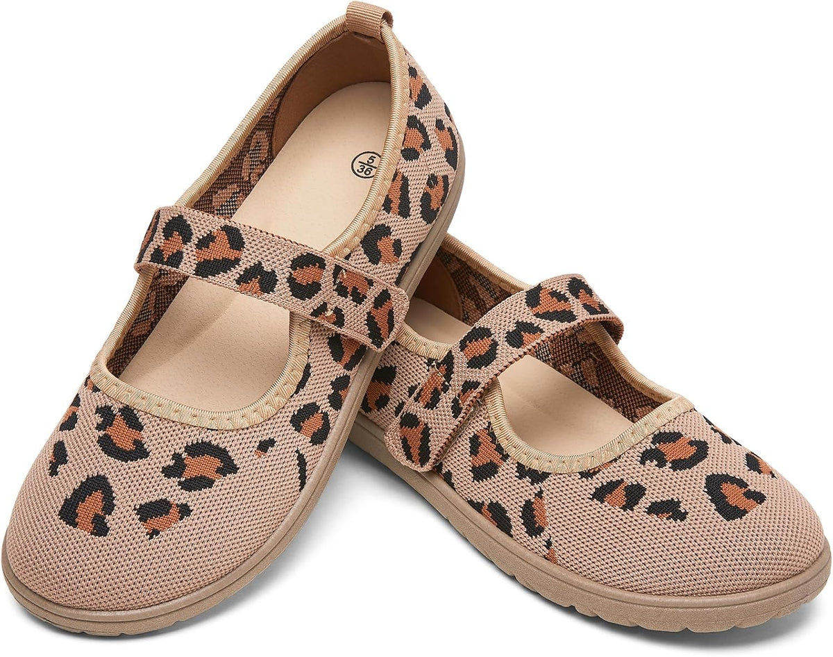 Women's Wide Toe Box Mary Jane Flats - Knit Wide Width Shoes with Velcro Ankle Strap and Zero Drop Sole - 6