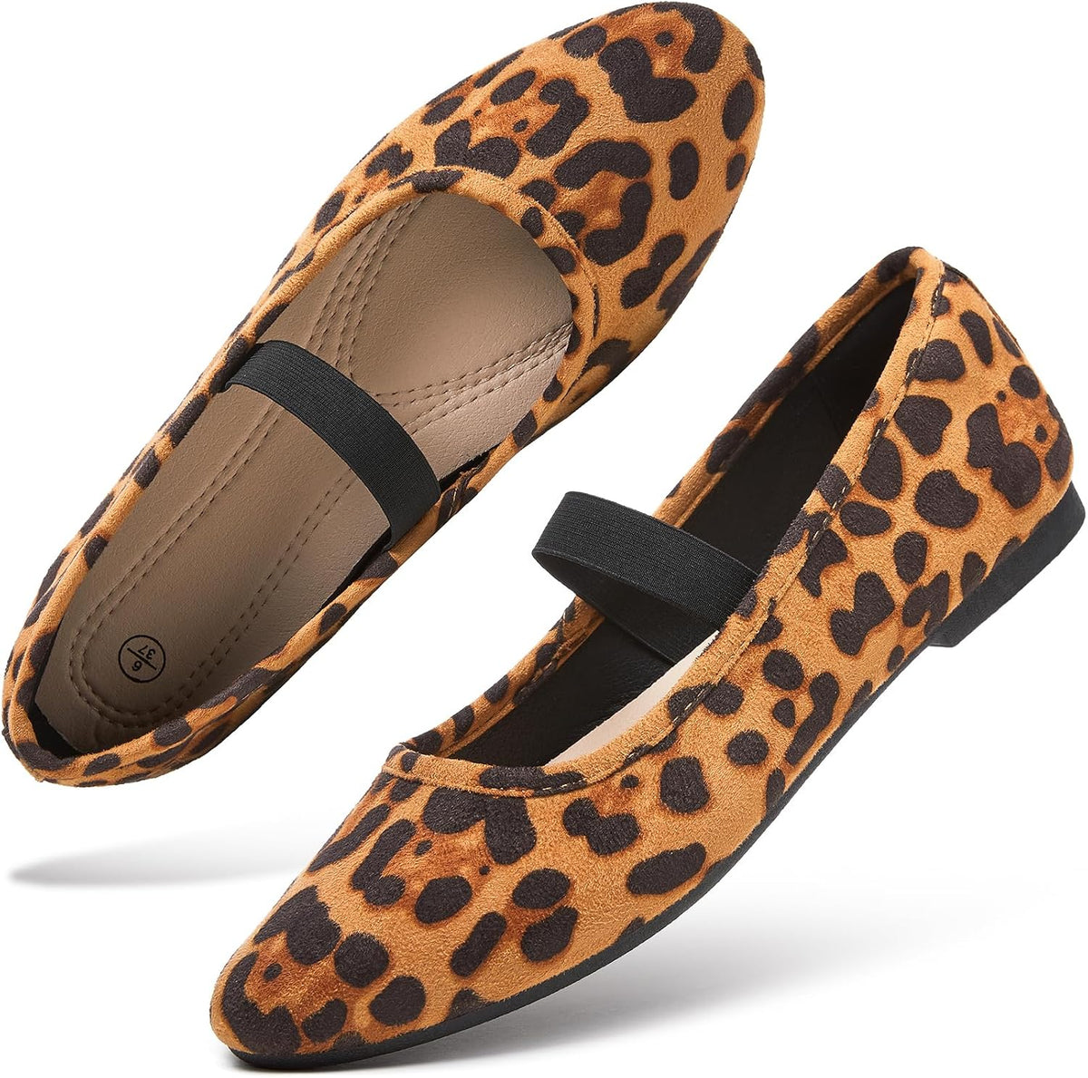 Women's Suede Mary Jane Flats - Memory Foam Dress Shoes with Elastic Straps for Work and Casual Wear - 6