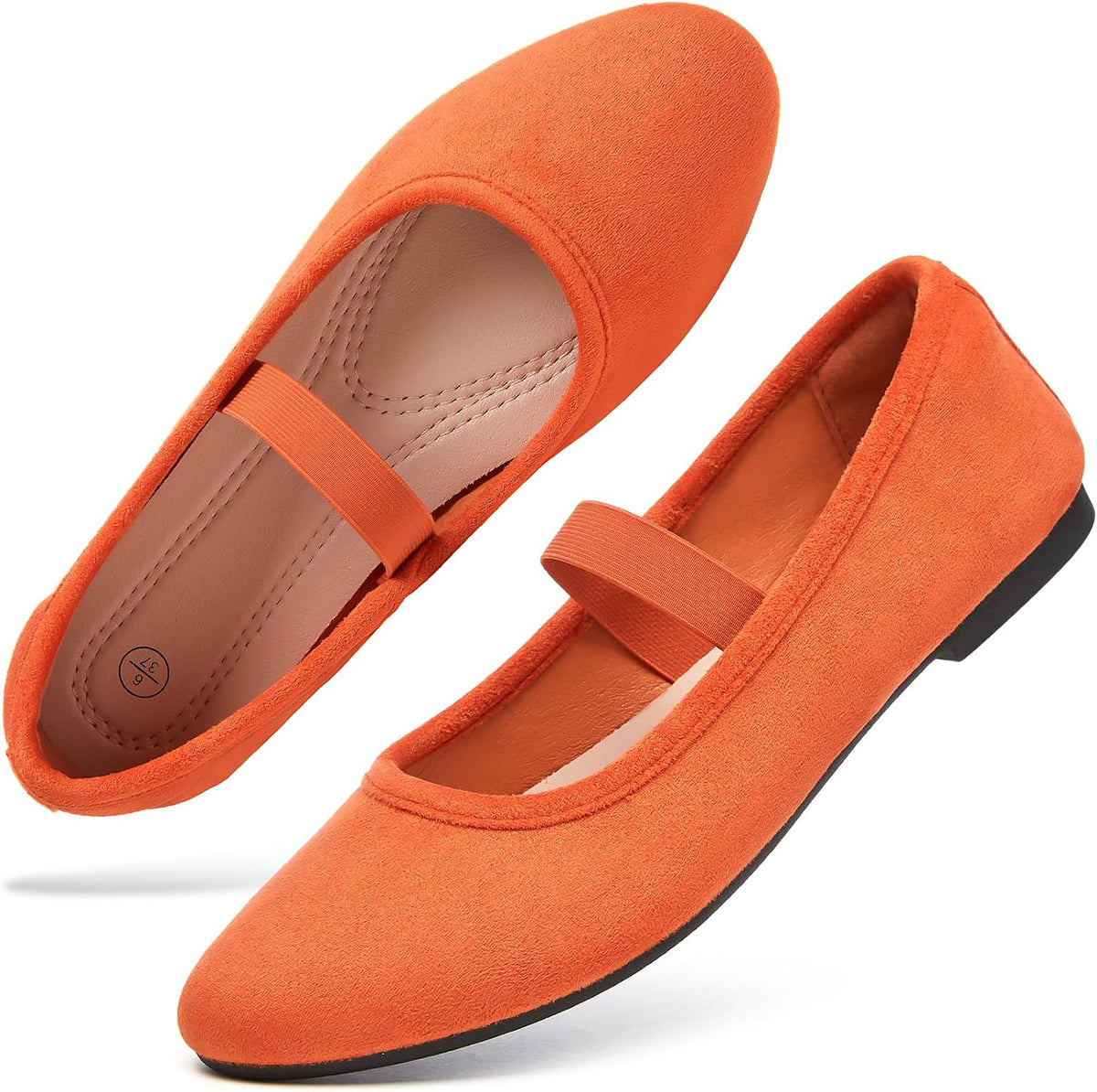 Women's Suede Mary Jane Flats - Memory Foam Dress Shoes with Elastic Straps for Work and Casual Wear - 6