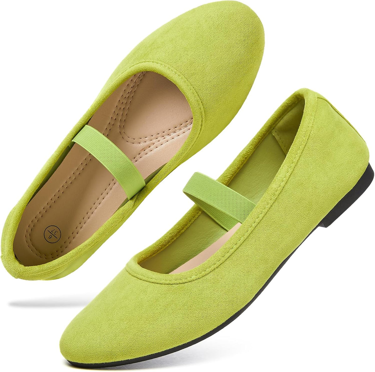 Women's Suede Mary Jane Flats - Memory Foam Dress Shoes with Elastic Straps for Work and Casual Wear - 6