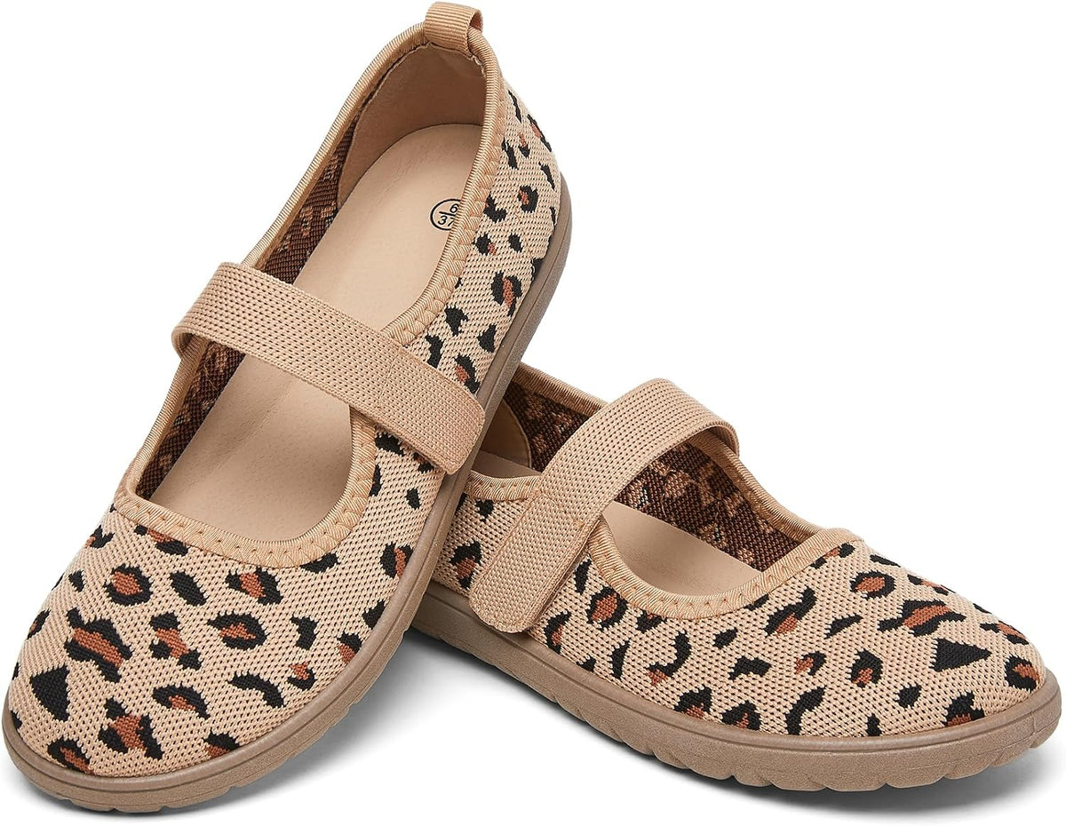 Women's Wide Toe Box Mary Jane Flats - Knit Wide Width Shoes with Velcro Ankle Strap and Zero Drop Sole - 6