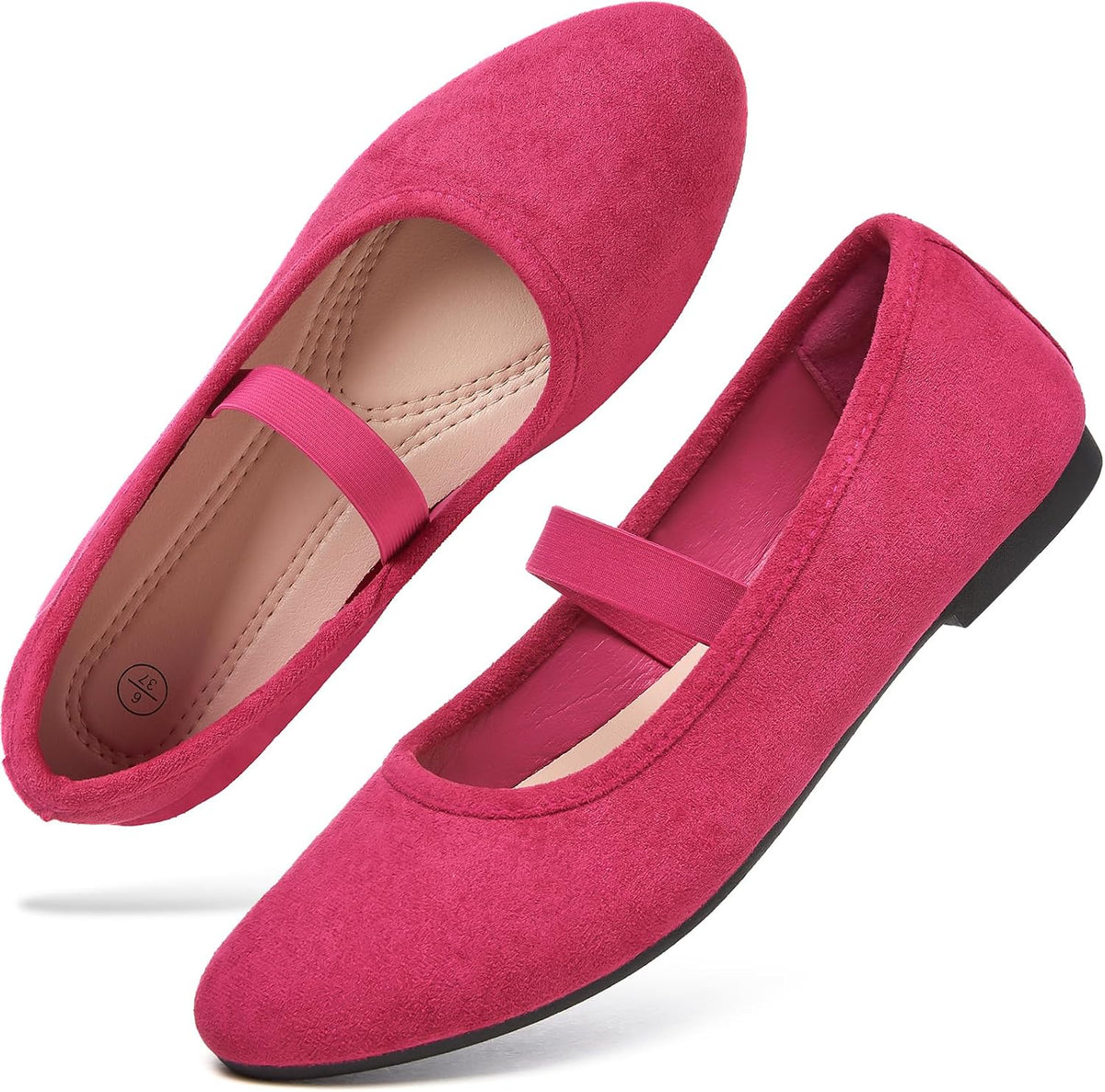 Women's Suede Mary Jane Flats - Memory Foam Dress Shoes with Elastic Straps for Work and Casual Wear - 6