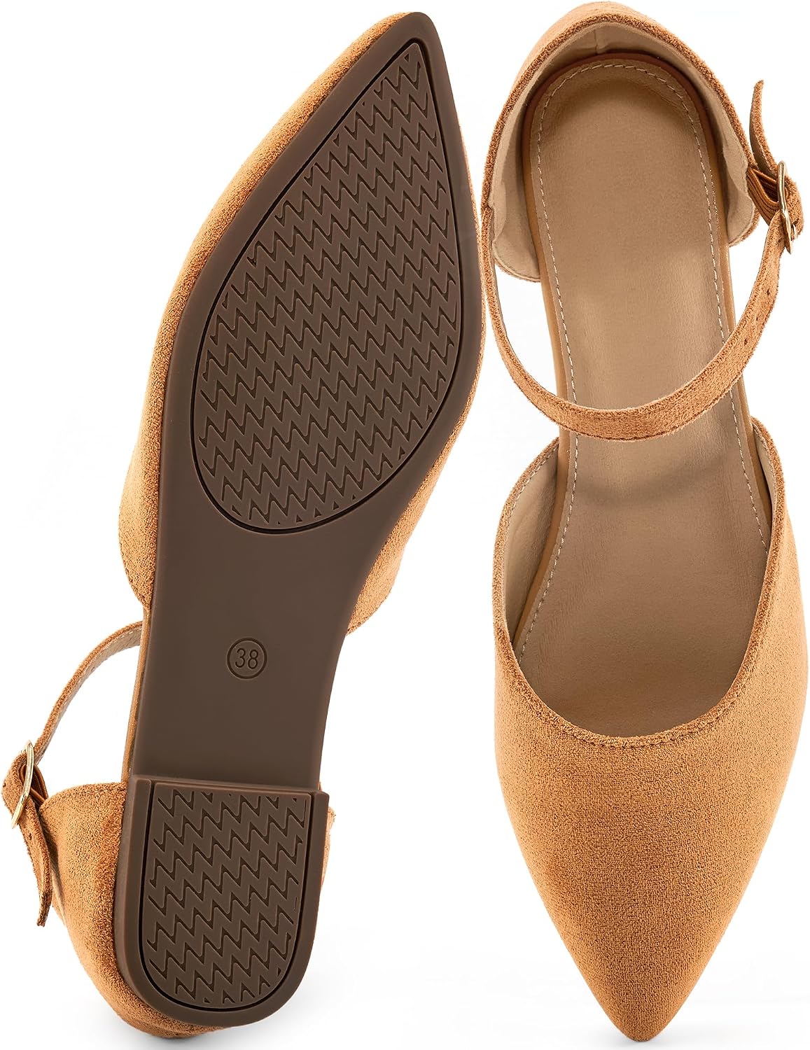Women's Pointed Toe Ballet Flats with Adjustable Ankle Straps - Cushioned Slip On Shoes for Business Casual - 6