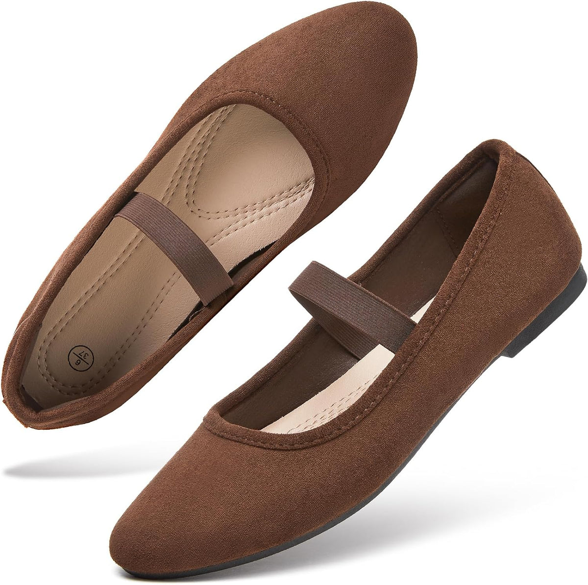 Women's Suede Mary Jane Flats - Memory Foam Dress Shoes with Elastic Straps for Work and Casual Wear - 6