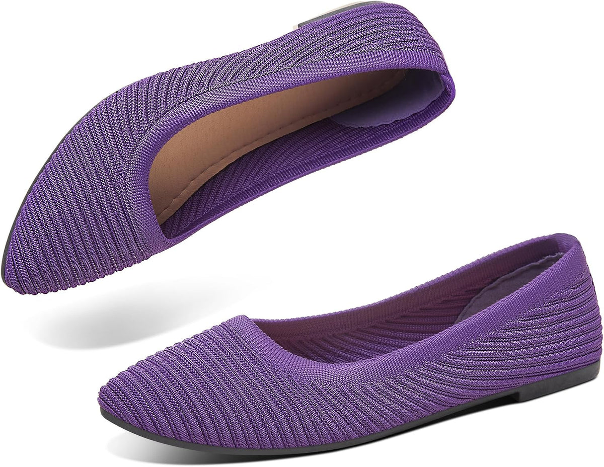 Women's Knit Ballerina Flats - Pointed Toe Soft Slip On Dress Shoes for Walking and Casual Office Wear - 6