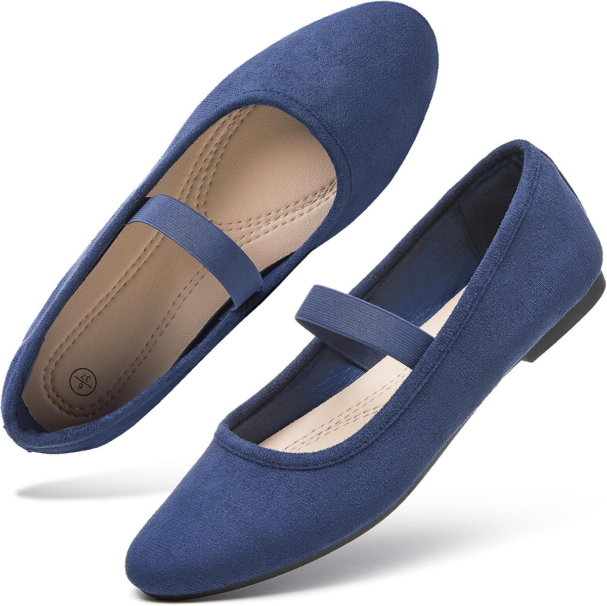 Women's Suede Mary Jane Flats - Memory Foam Dress Shoes with Elastic Straps for Work and Casual Wear - 6