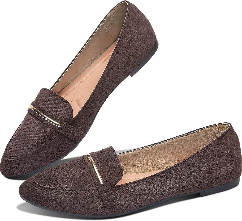Women's Pointed Toe Penny Loafers - Faux Suede Flat Slip On Work Shoes for Office and Business Casual - 6