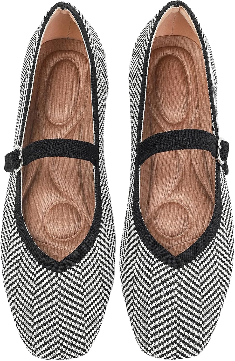 Women's Square Toe Knit Mary Jane Flats - Washable Ballet Shoes with Ankle Strap for Office and Formal Wear - 6