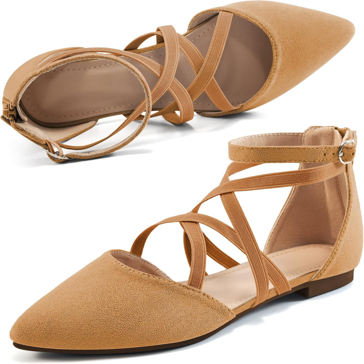 Women's Ballet Flats with Zipper Detail - Dressy Suede and Faux Leather Work Shoes for Weddings and Walking - 8
