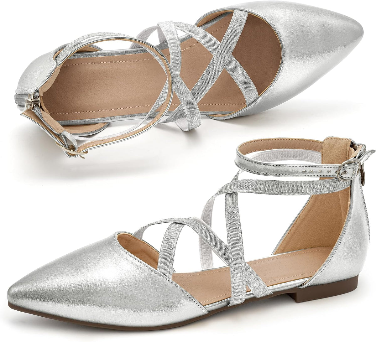 Women's Ballet Flats with Zipper Detail - Dressy Suede and Faux Leather Work Shoes for Weddings and Walking - 8