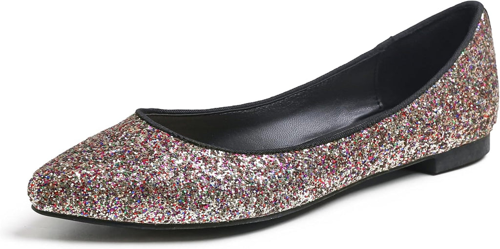 Women's Patent Ballet Flats - Memory Foam Cushioned Slip On Dress Shoes in Glitter and Solid Finishes - Glitter Lavender