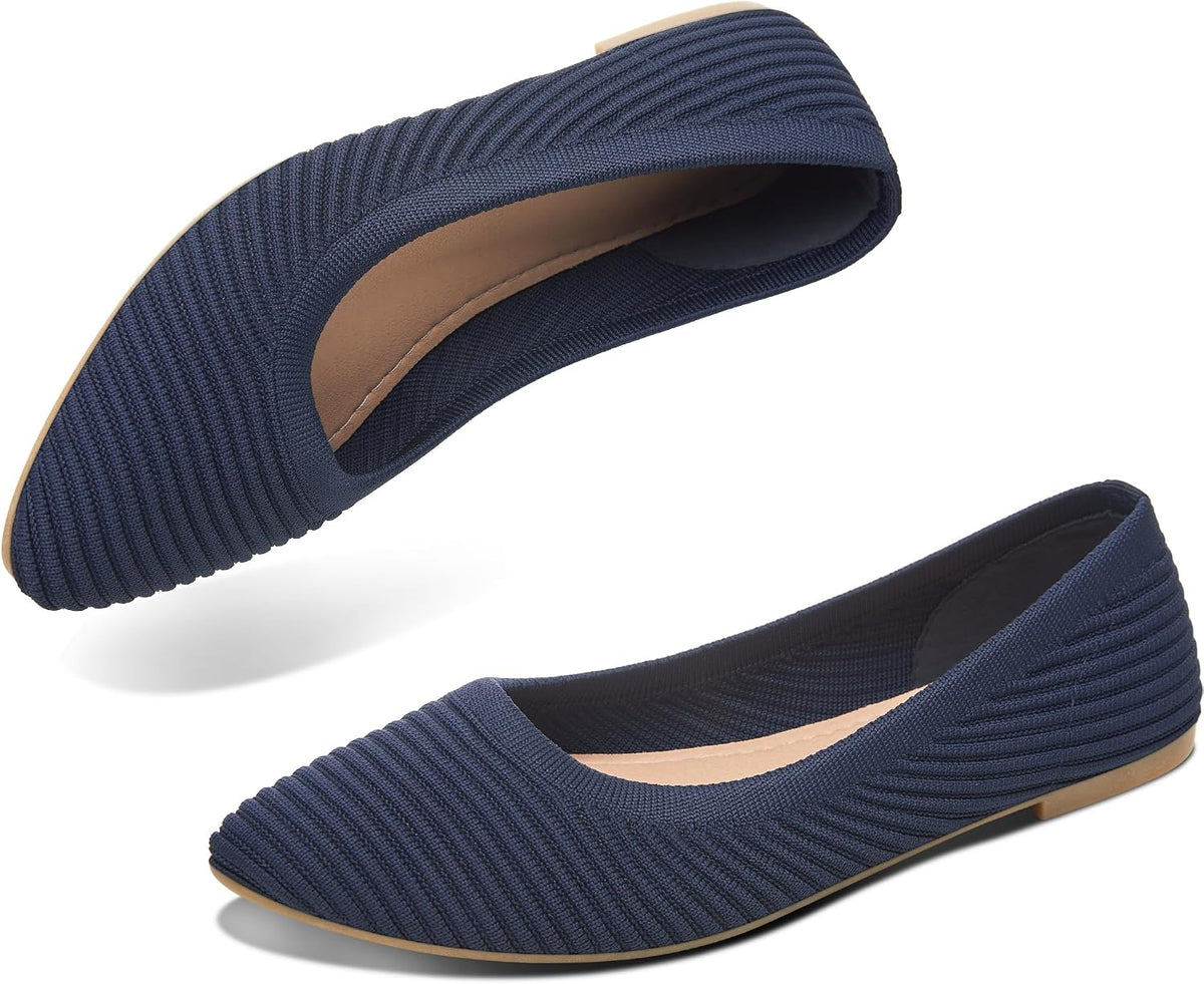 Women's Knit Ballerina Flats - Pointed Toe Soft Slip On Dress Shoes for Walking and Casual Office Wear - 6